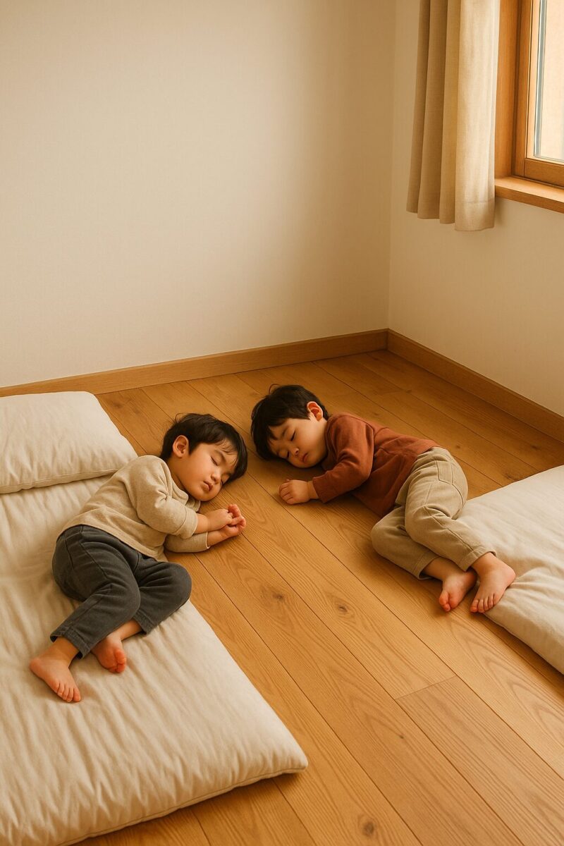 無垢の床で寝る子